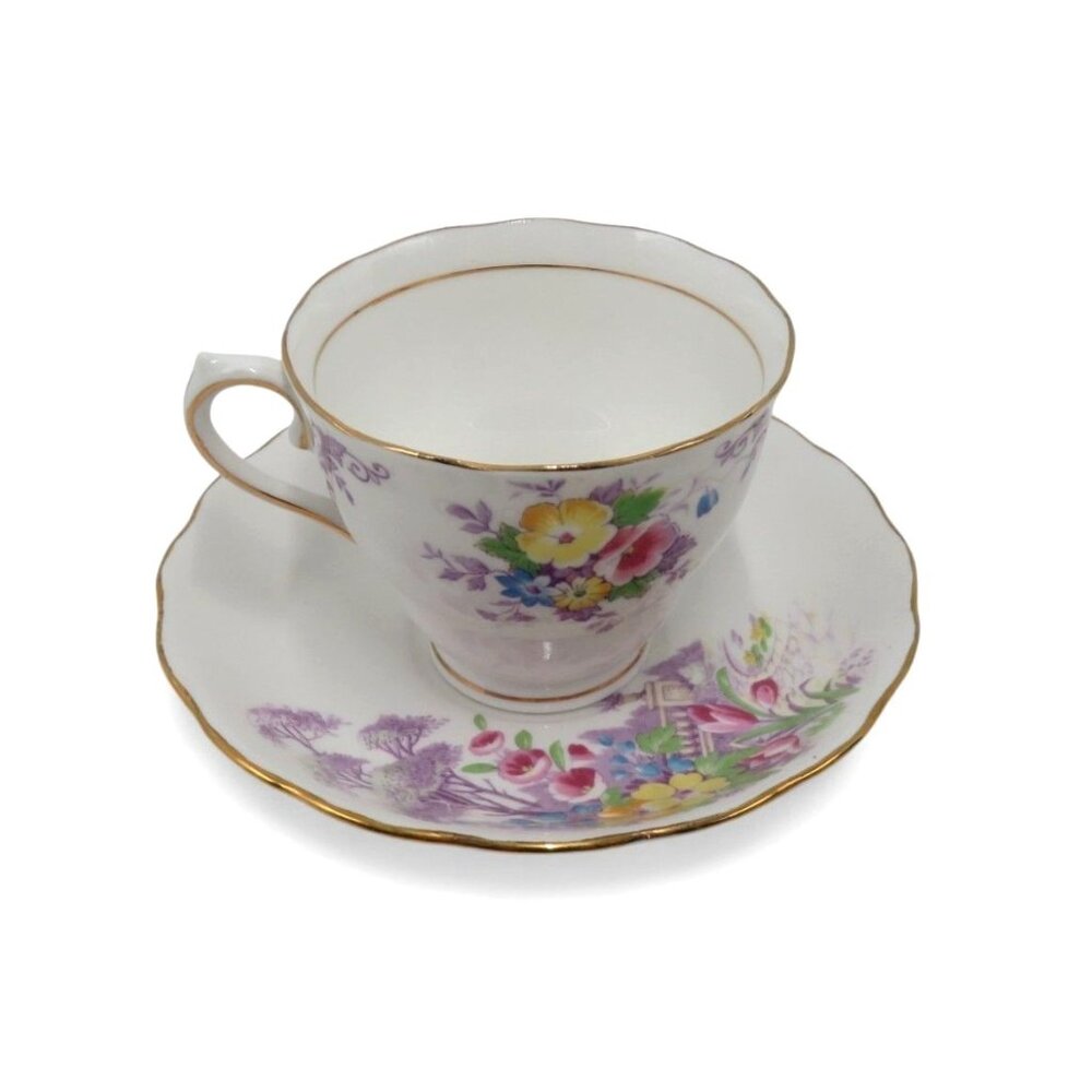 COLCLOUGH Teacup and Saucer Purple Pink Floral England Vintage